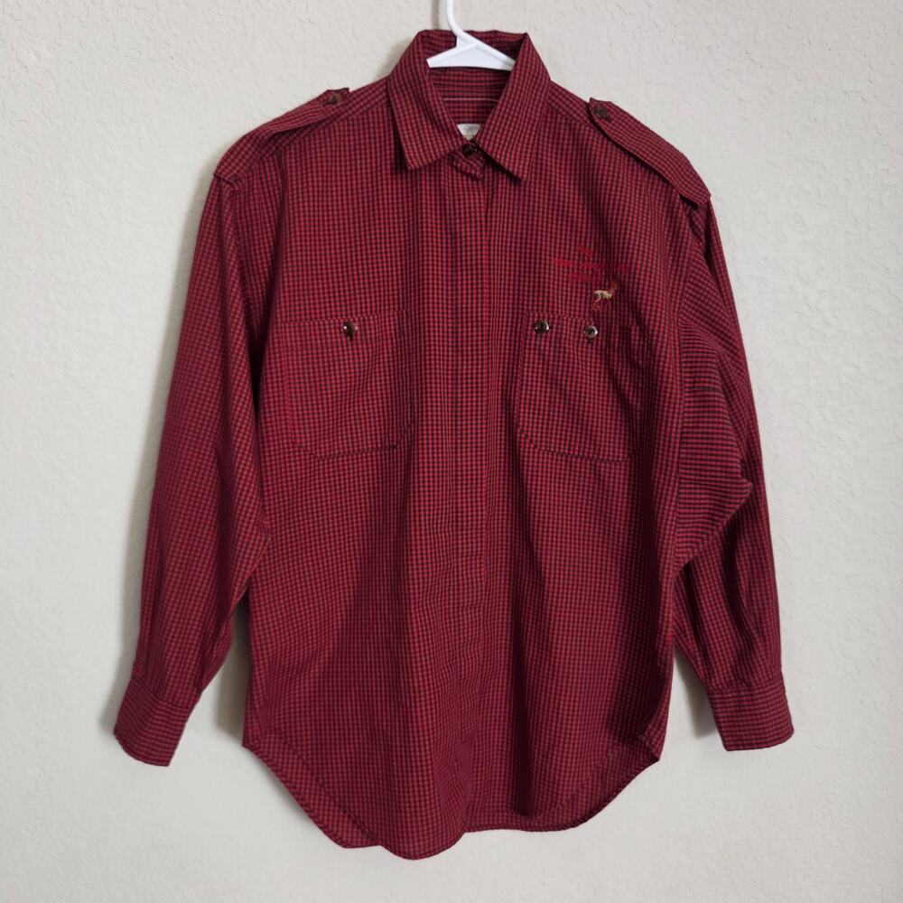 Vintage 90s Red Black Gingham Check Shirt Womens S Novelty Embroidered Deer